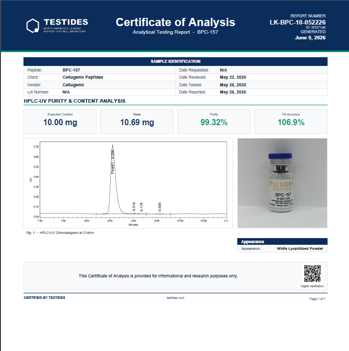 Testides Certificate of Analysis for BPC-157 10 mg, report LK-BPC-10-052226: HPLC-UV purity and content analysis with chromatogram