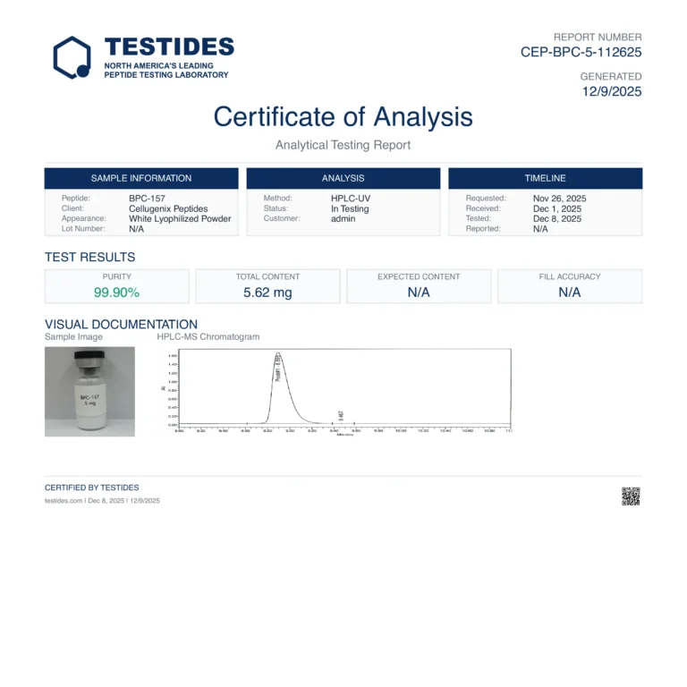 Certificate of Analysis for BPC-157 5 mg, report CEP-BPC-5-112625