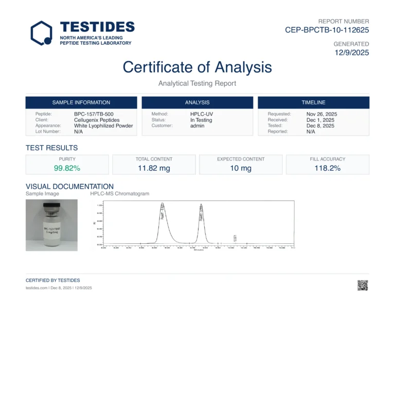 Certificate of Analysis for Wolverine Blend (BPC-157 + TB-500) 5/5 mg, report CEP-BPCTB-10-112625
