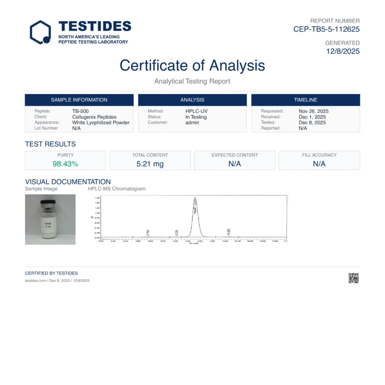 Certificate of Analysis for TB-500 5 mg, report CEP-TB5-5-112625
