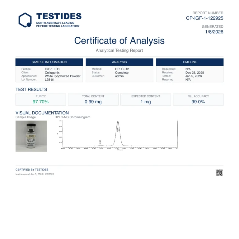 Certificate of Analysis for IGF-1 LR3 1 mg, report CP-IGF-1-122925