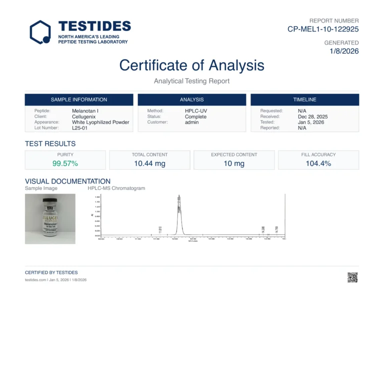 Certificate of Analysis for Melanotan 10 mg (MT-1), report CP-MEL1-10-122925