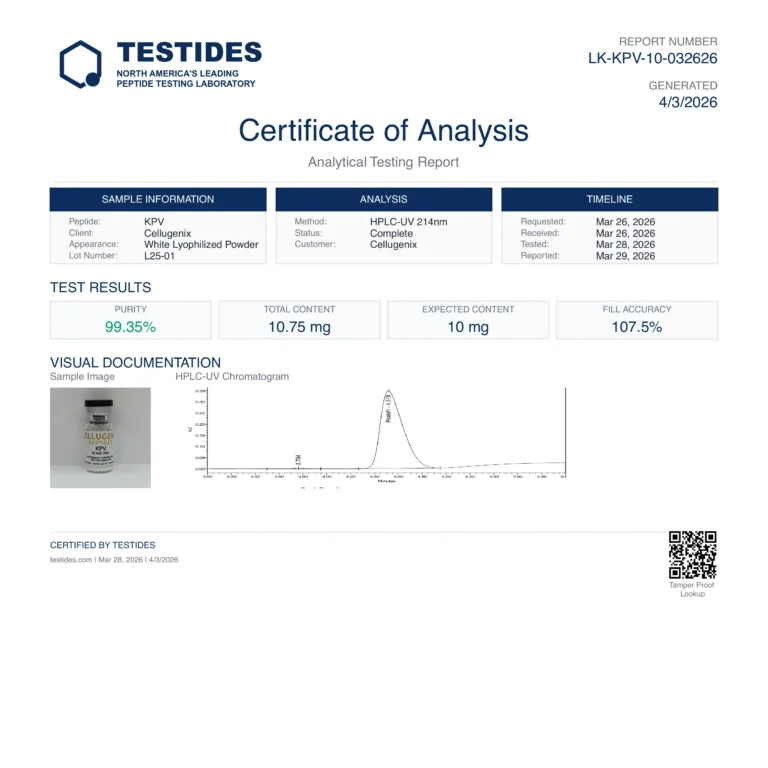 Certificate of Analysis for KPV 10 mg, report LK-KPV-10-032626