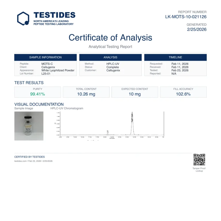 Certificate of Analysis for MOTS-c 10 mg, report LK-MOTS-10-021126