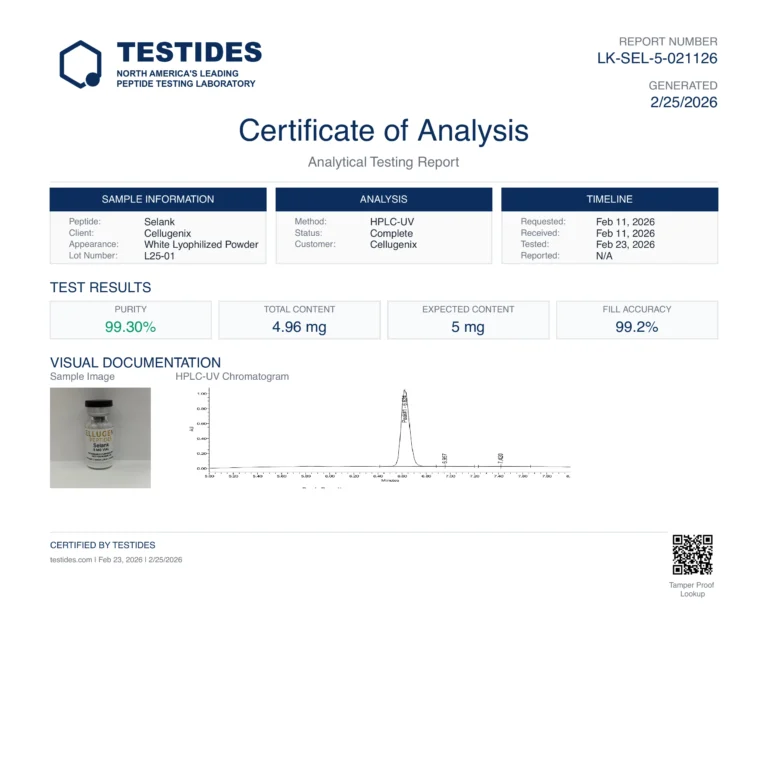 Certificate of Analysis for Selank 5 mg, report LK-SEL-5-021126