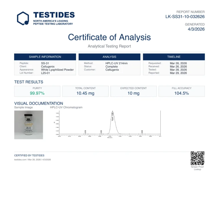 Certificate of Analysis for SS-31 10 mg, report LK-SS31-10-032626