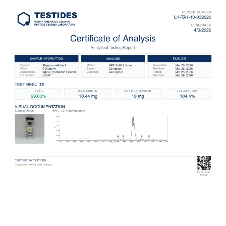 Certificate of Analysis for Thymosin Alpha-1 10 mg, report LK-TA1-10-032626