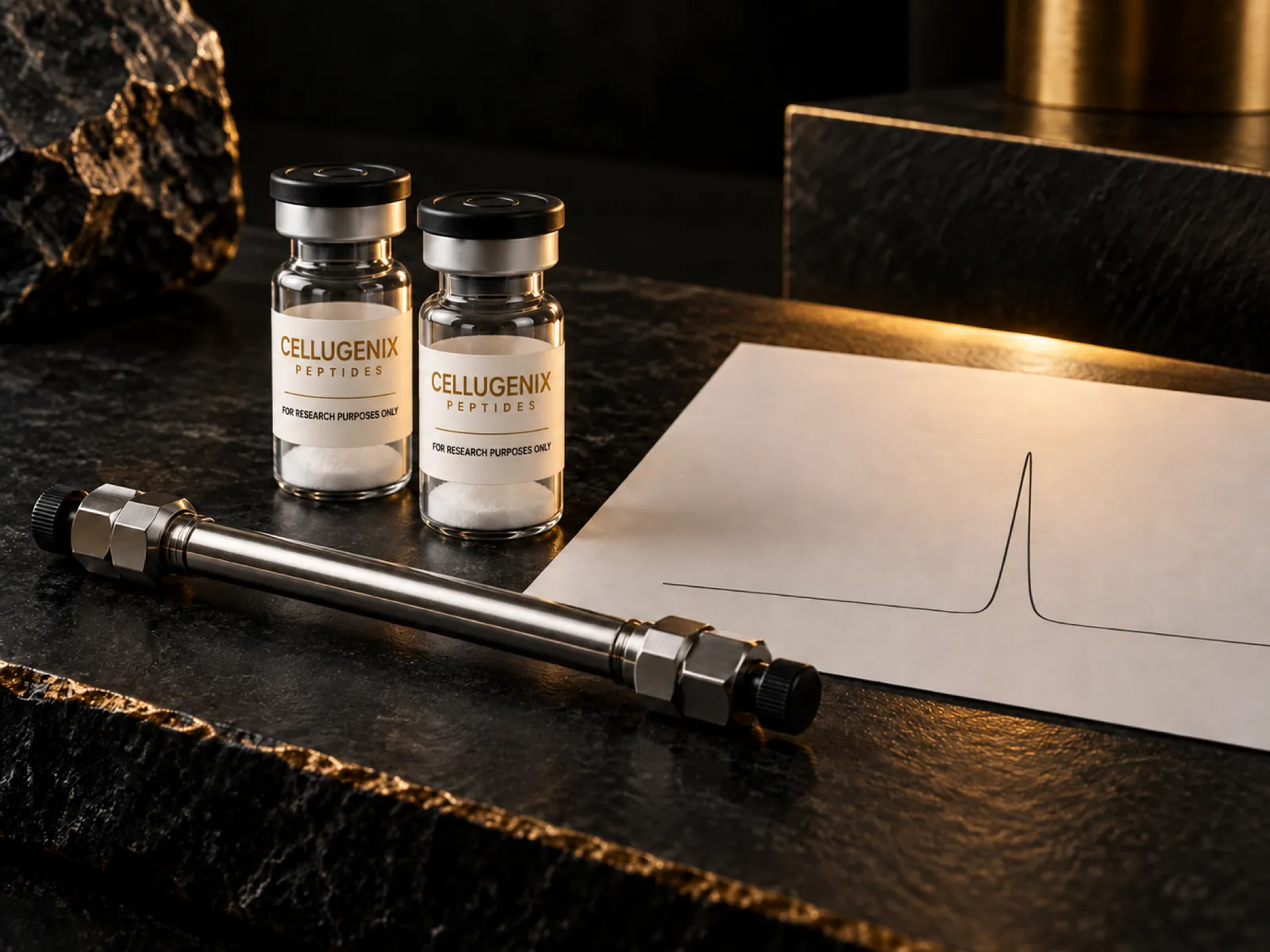 Cellugenix vials beside an HPLC column and chromatogram