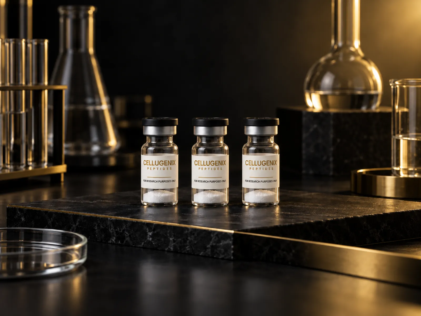 Three Cellugenix vials on a laboratory bench