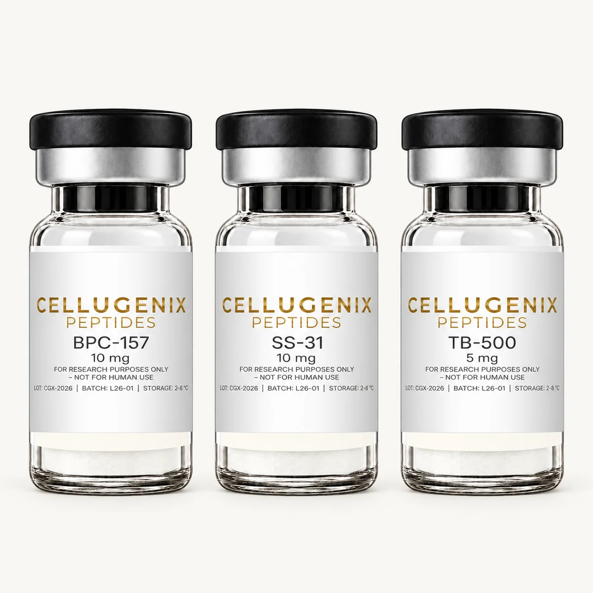 Cellugenix BPC-157 + SS-31 + TB-500 Research Bundle vials