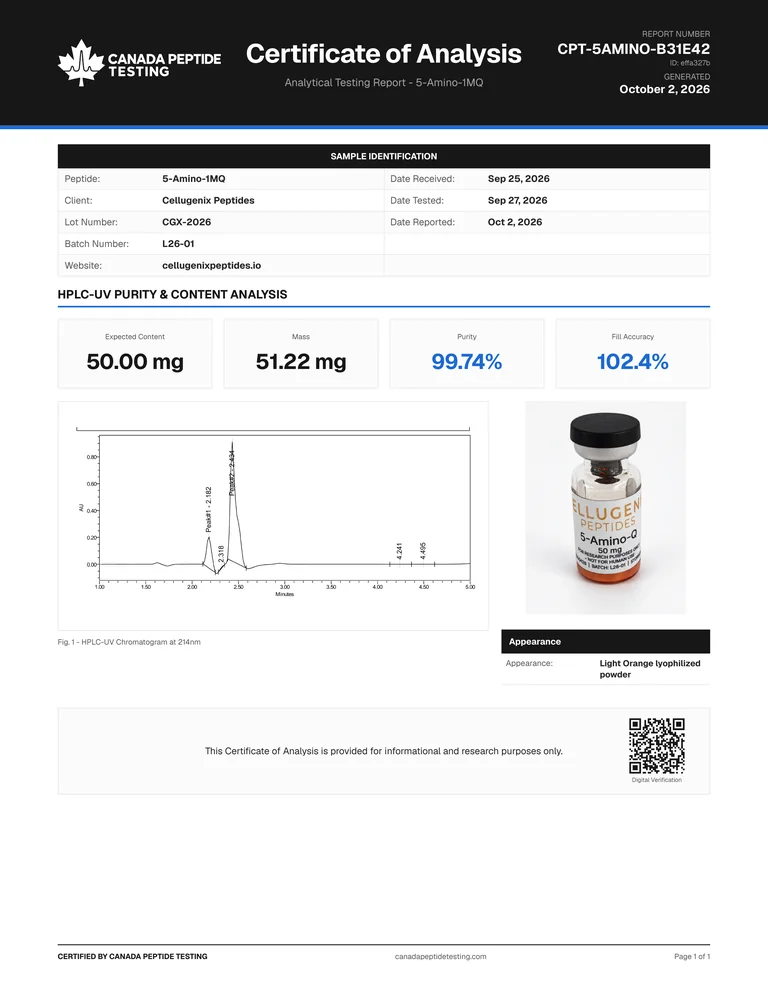 Certificate of Analysis for 5-Amino-1MQ 50 mg, report CPT-5AMINO-B31E42