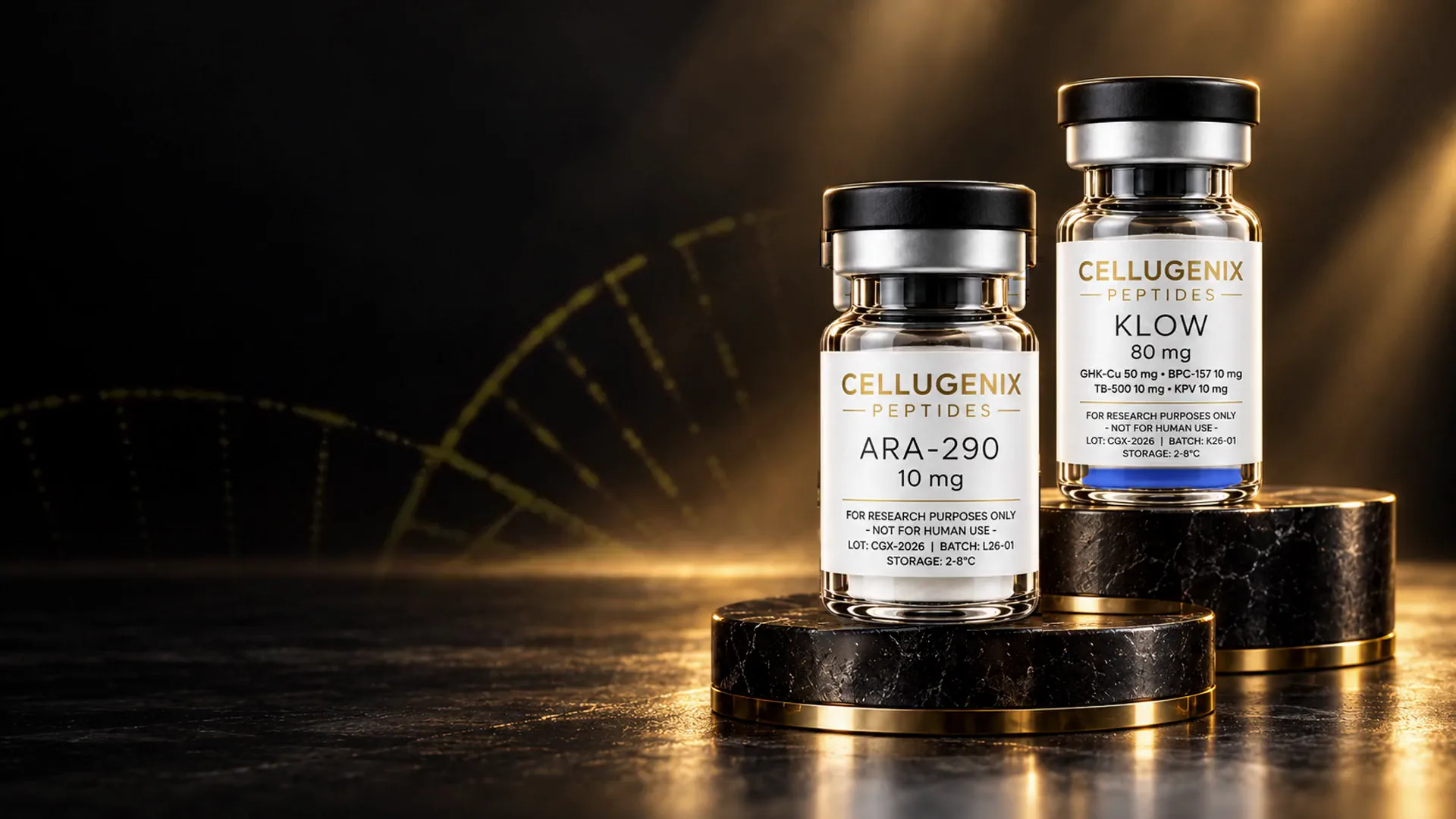 Cellugenix ARA-290 and KLOW research vials on black marble plinths