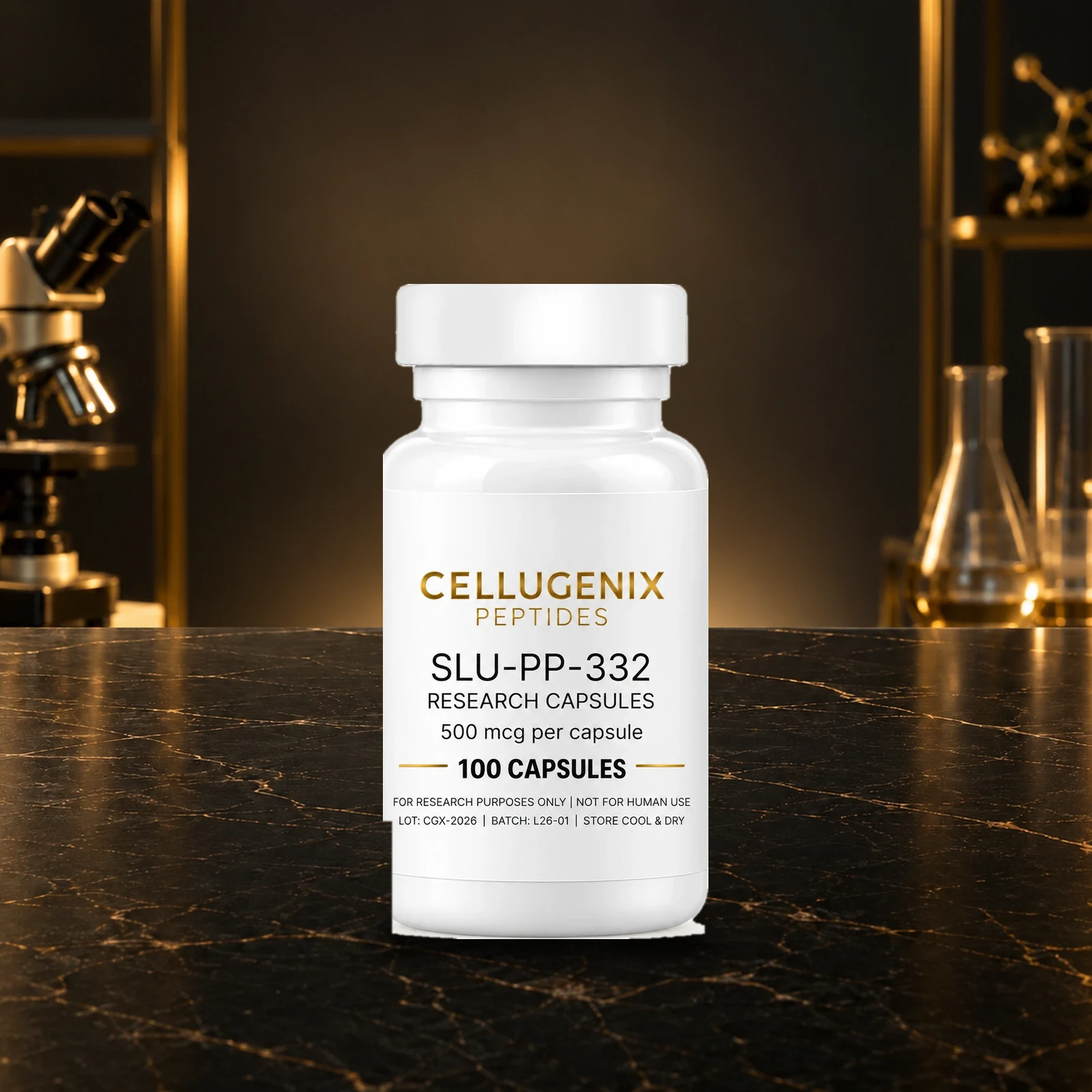 SLU-PP-332 Capsules on a laboratory bench: the Cellugenix product with its label