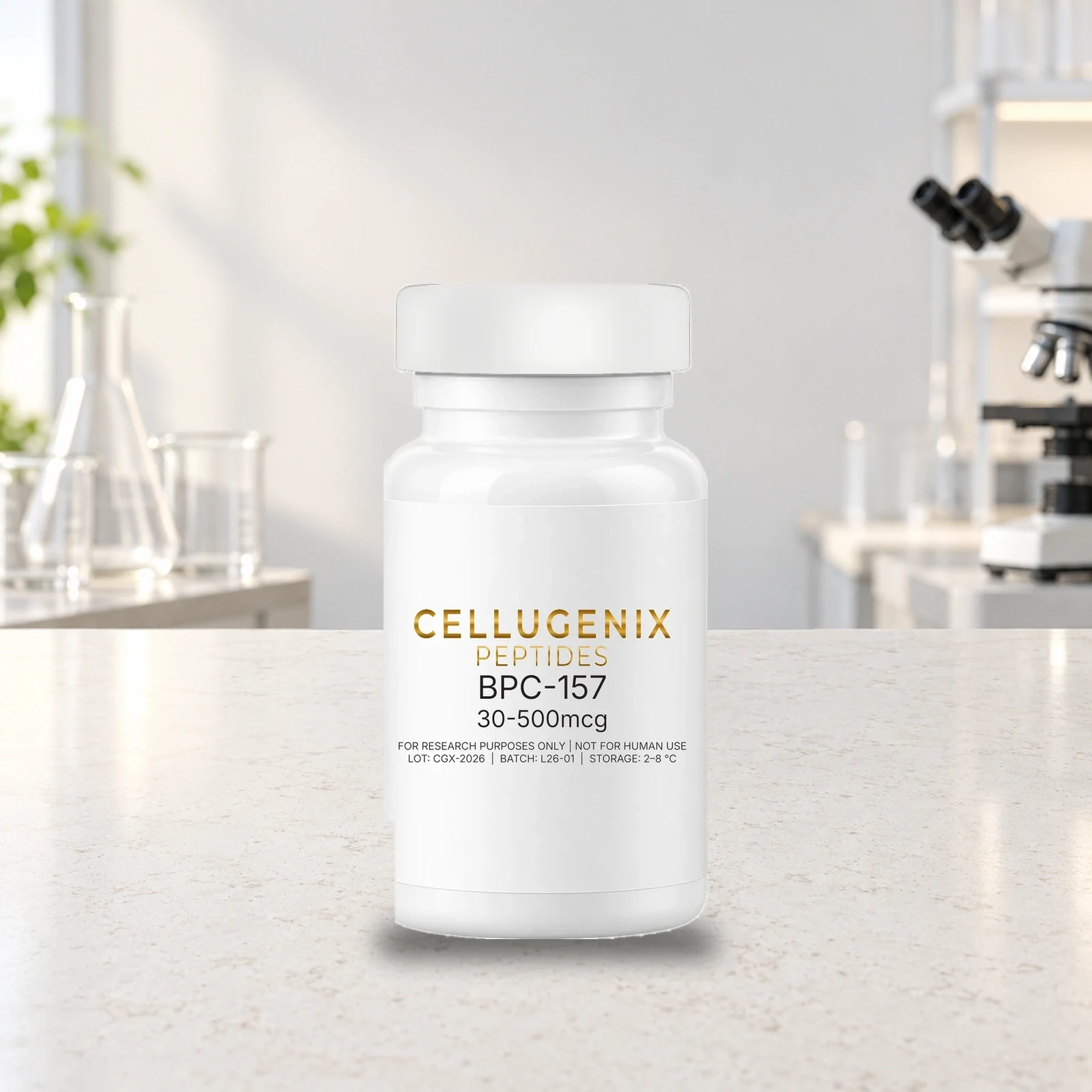 BPC-157 500 mcg Capsules (30 ct) on a laboratory bench: the Cellugenix product with its label