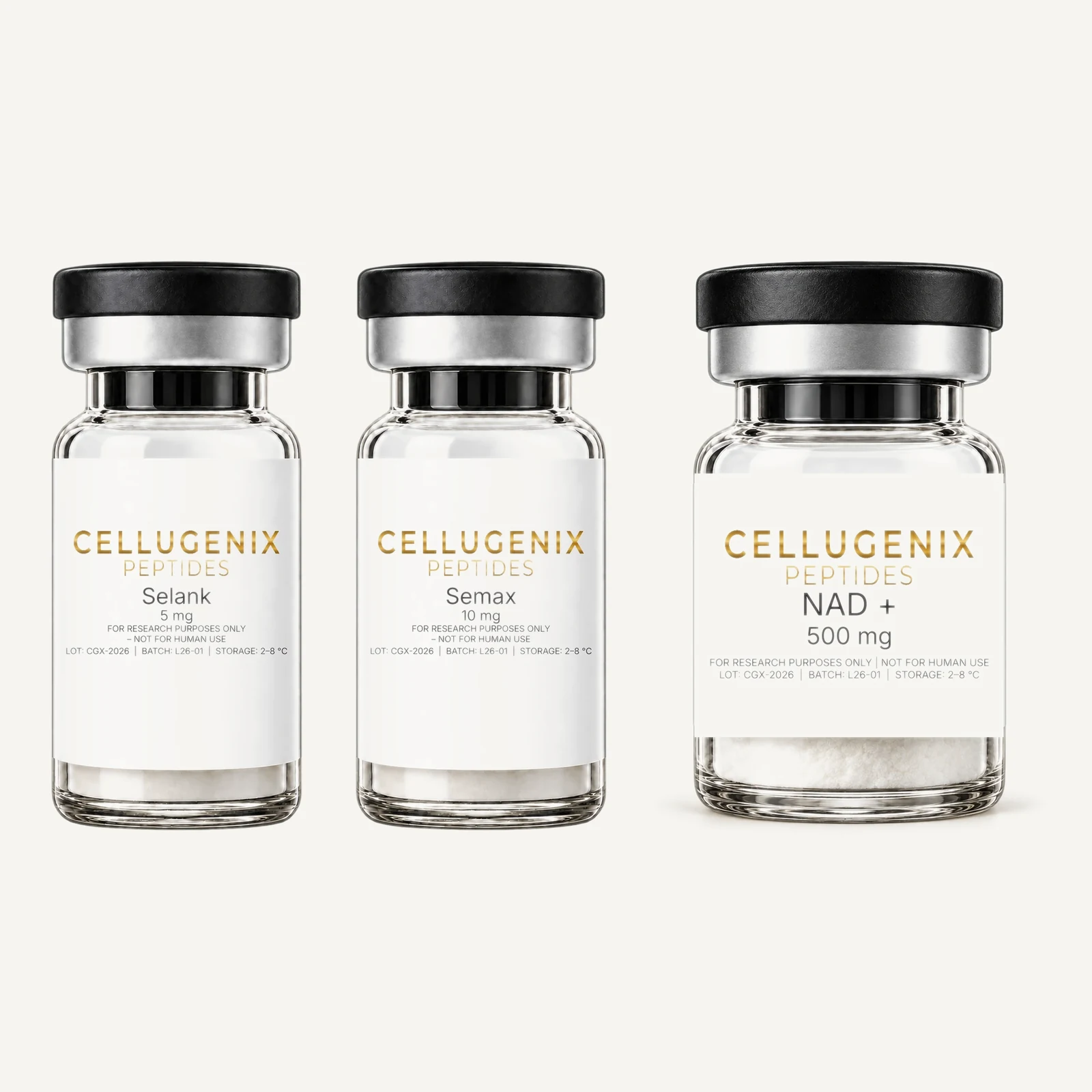Contents of the Selank + Semax + NAD+ Research Stack: the Cellugenix vials included in this set
