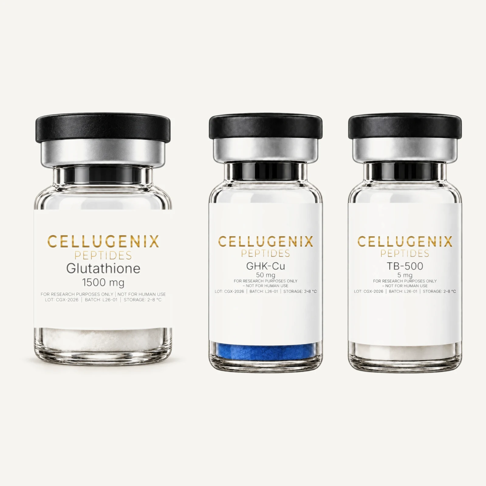 Contents of the Glutathione + GHK-Cu + TB-500 Research Bundle: the Cellugenix vials included in this set