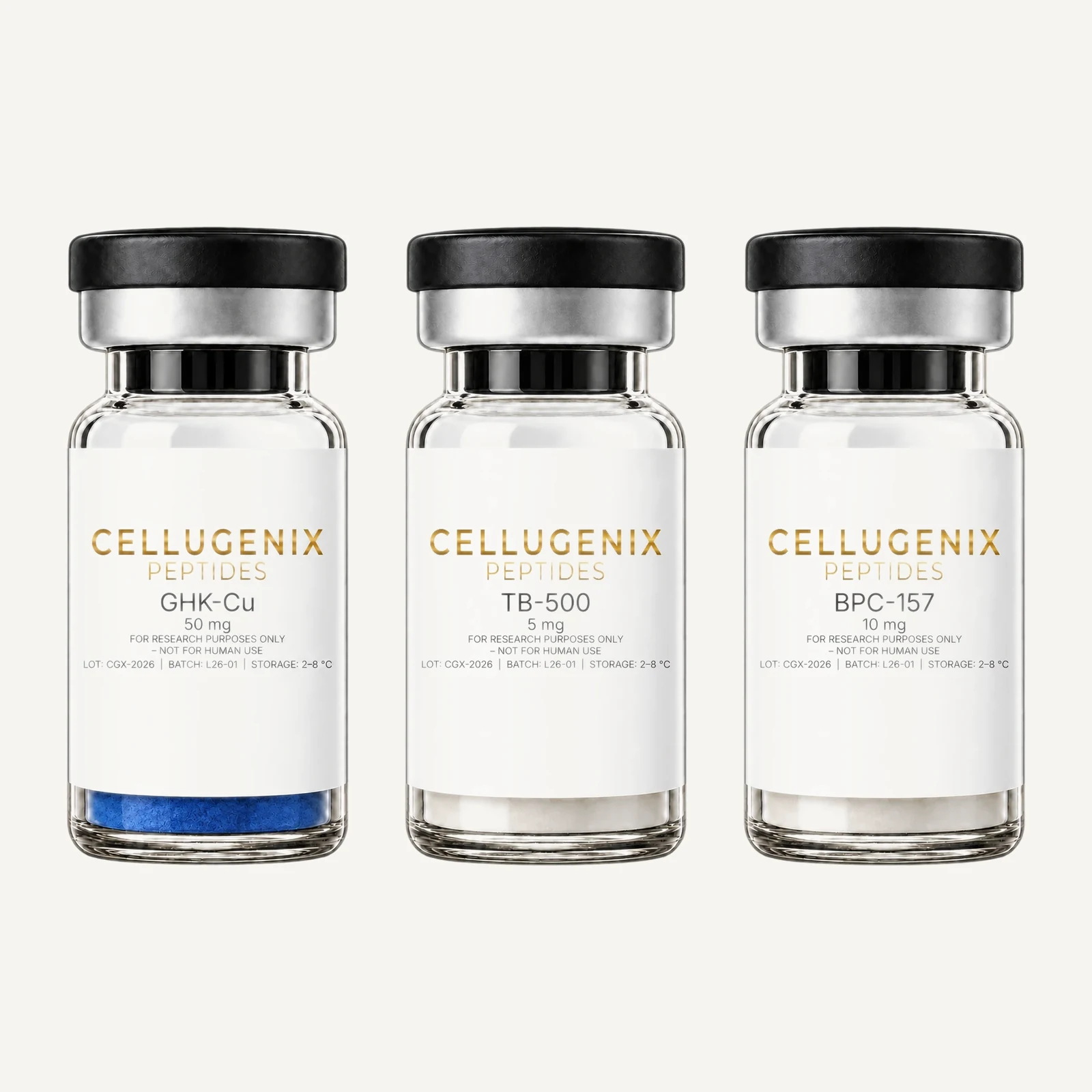 Contents of the BPC-157 + TB-500 Research Stack: the Cellugenix vials included in this set