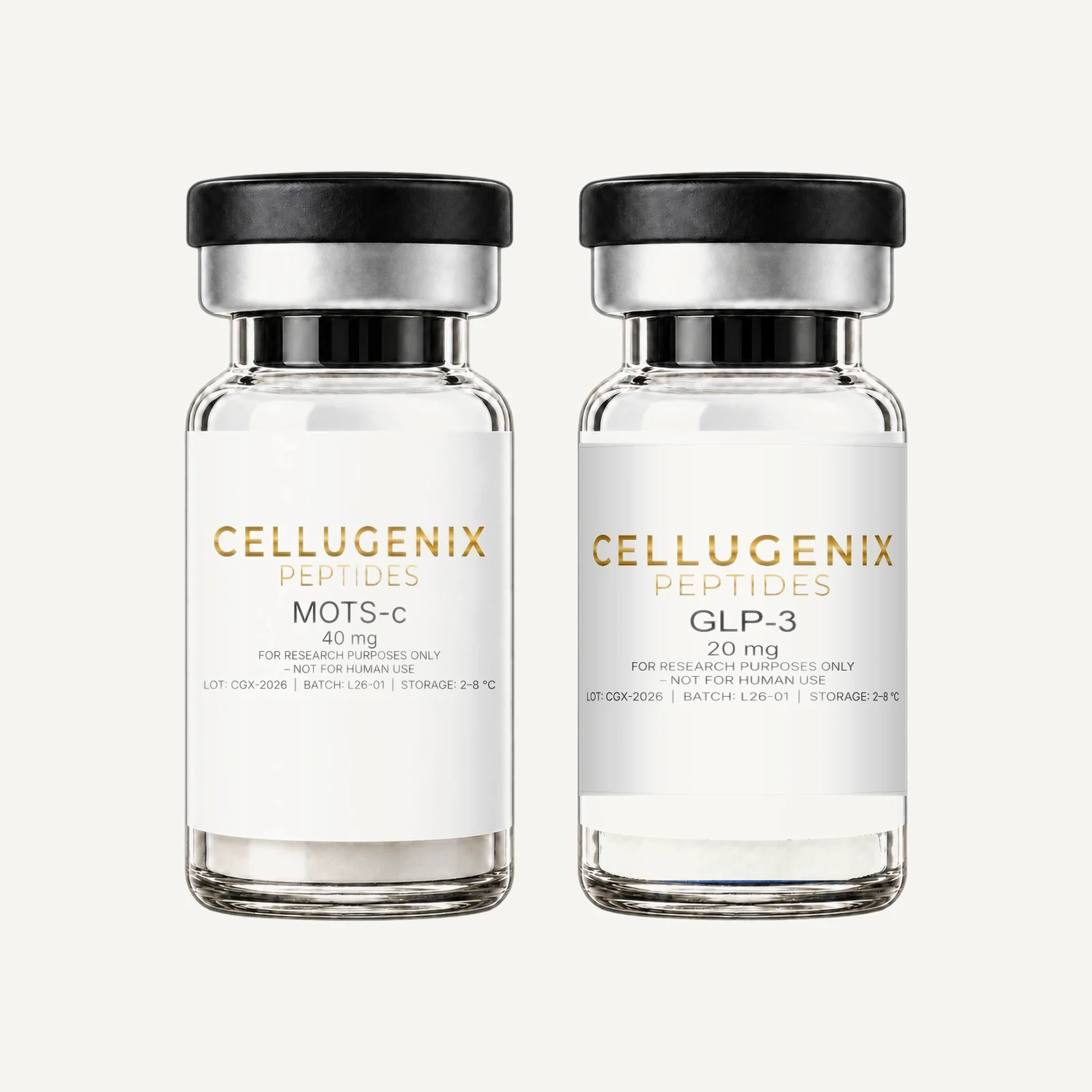Contents of the MOTS-c + GLP-3 (R) Metabolic Research Stack: the Cellugenix vials included in this set